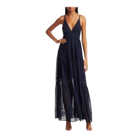 NWT LE SUPERBE Starry Night Navy Blue Metallic Chiffon Tie Back Maxi Gown Size 6 - Picture 4 of 14